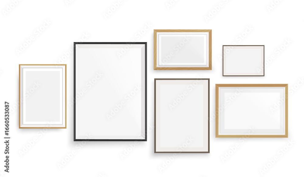 Six mockups in wooden frames on a white wall with shadow Six mockups in wooden frames on a white wall with shadow