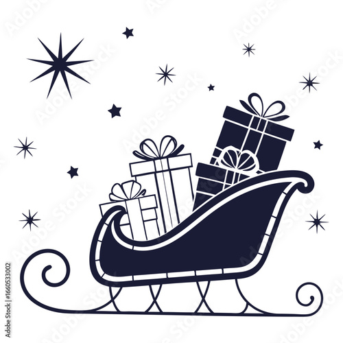 Midnight Blue Silhouette: Santa's Sleigh Overflowing with Christmas Gifts and Stars