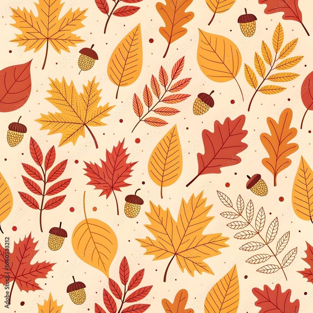 Obraz premium Seamless autumn leaves and acorns background repeating motif for seasonal graphics