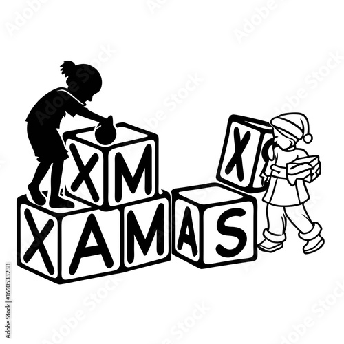 Children Building Xmas Blocks; Black and White Silhouette Illustration; Festive Holiday Design