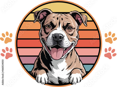 Happy pitbull dog with paws and sunset stripes vector illustration smiling tongue out