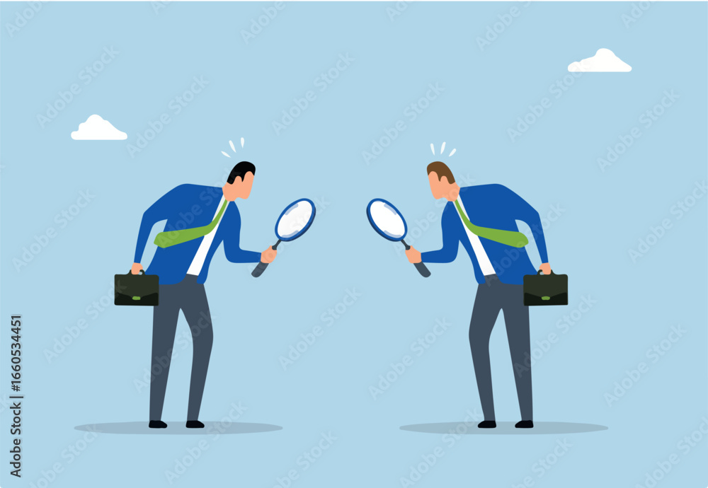 Suspicious, distrustful entrepreneurs scrutinize one another with a magnifying lens Suspicious, distrustful entrepreneurs scrutinize one another with a magnifying lens