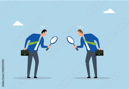 Suspicious, distrustful entrepreneurs scrutinize one another with a magnifying lens