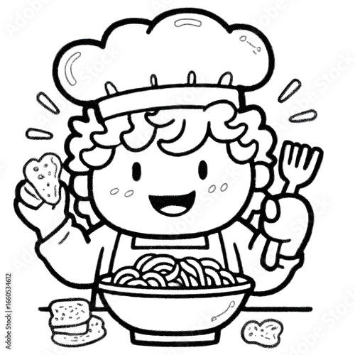 Luminous doodle art. Chef character with spaghetti in bowl stands out against black, ideal for creative branding, sticker design, and social media graphics.