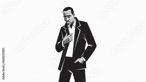 A stylized black and white illustration of a man in a suit, adjusting his lapel with a confident stance.