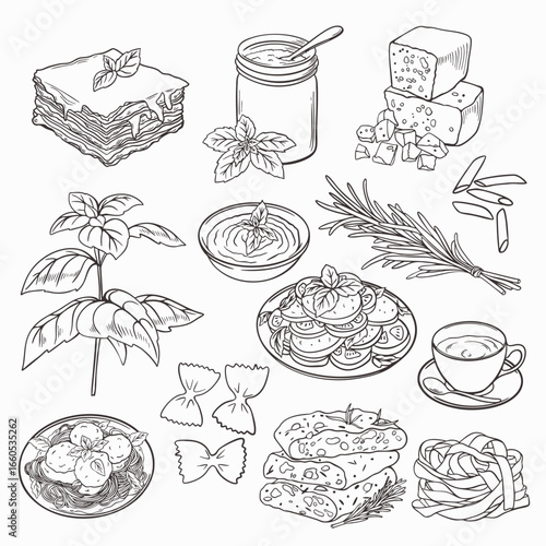 Set of Italian food illustrations, black and white line drawings of pasta, lasagna, cheese, herbs, bread, sauce, coffee, and traditional cuisine elements, isolated on white background.
