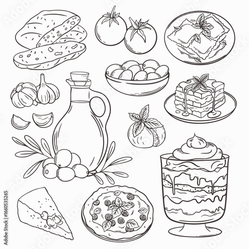 Set of Italian food illustrations, black and white line drawings of pasta, lasagna, cheese, herbs, bread, sauce, coffee, and traditional cuisine elements, isolated on white background.