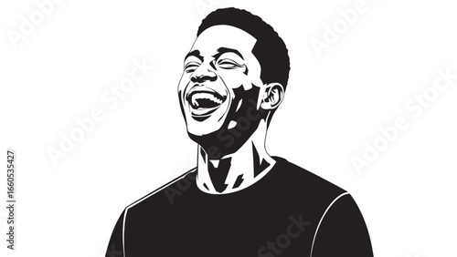 A joyful man's portrait, captured in a black and white illustration, with his head tilted back and eyes closed in laughter.