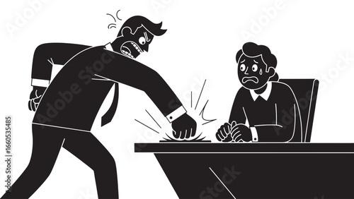 An angry businessman aggressively slams his fist on a desk, intimidating a fearful employee sitting opposite him.