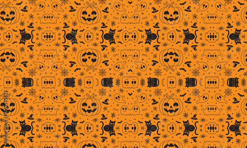 Whimsical Halloween Pattern with Jack O Lanterns, Cats, Ghosts, Bats, and Witches Hats on Orange Background, Ideal for Festive Decor