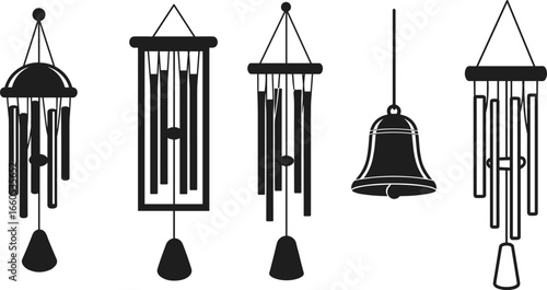 Wind chime silhouettes, hanging bell, tube chimes, decorative sound objects, vector line art, cad drawing, flat illustration, minimalist home decor