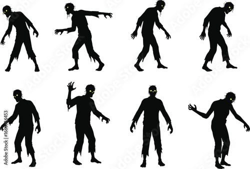 Silhouette of scary zombies with glowing eyes, horror creature illustration, undead monster design, Halloween theme, apocalypse concept, creepy walking poses