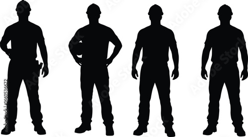 Silhouette of construction workers wearing safety helmets, professional builders in standing poses, industrial labor force, engineering concept, building industry teamwork illustration