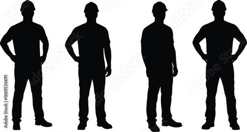 Silhouette of construction workers wearing safety helmets, standing confidently, industrial labor force, teamwork concept, engineering professionals, building industry background