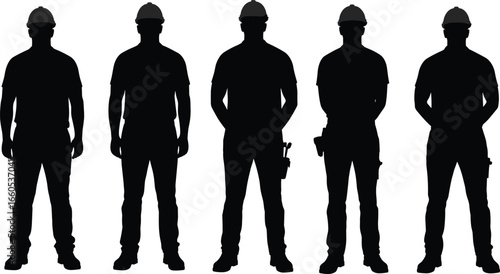 Construction worker silhouettes with hard hats, builder vector set, industrial labor icons, repairman outline, engineer safety gear, tradesman black design
