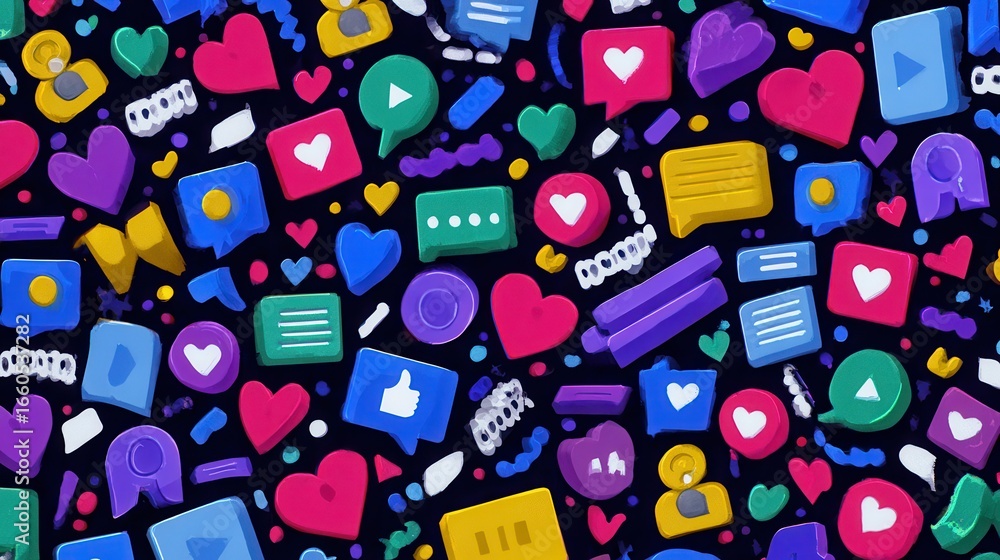 Elegant photo of vibrant background featuring social media icons like hearts, comments, and profile pictures. Ideal for promoting advertising agencies, digital marketing, and.