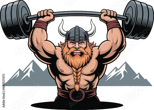 Muscular Viking warrior lifting heavy barbell with horns and braided beard strong