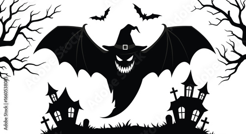 Halloween ghost illustration, spooky haunted house, scary bat wings, witch hat, evil monster face, creepy graveyard, horror night background, dark forest, October theme
