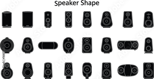 Speaker shape vector set, black audio speaker icons for music, sound system, hi-fi, electronics, stereo, home theater, and entertainment