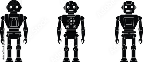 Retro robot vector illustration set in black silhouette style, vintage technology design for sci-fi, automation, AI, and futuristic concepts