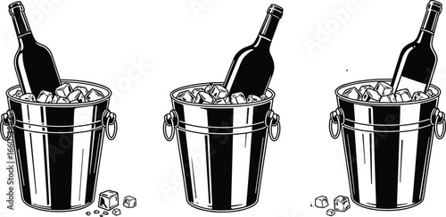 Wine bottle in ice bucket illustration set with cubes, champagne chilling in metal container, vintage sketch style vector design