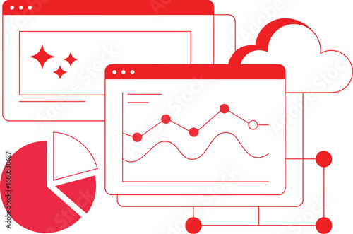 Red and white illustration showing data charts, graphs, cloud, and connected nodes in a diagram