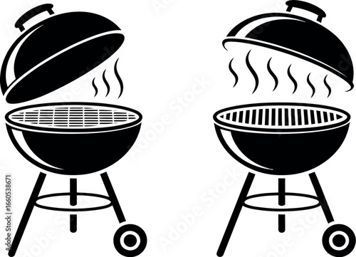 Two black and white barbecue grills with open lids and smoke rising from the grates in a row