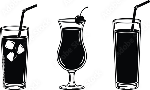 Vector illustration of cocktail and soft drink glasses with ice cubes, straws, and cherry garnish for bar, party, and summer designs