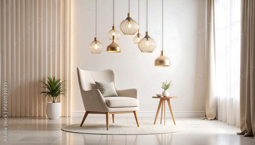Fototapeta premium Modern beige living room with pendant lights