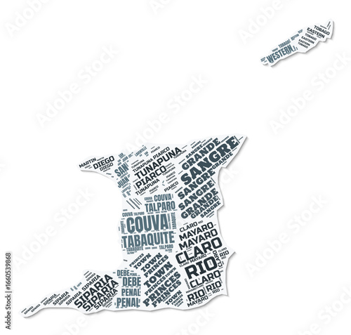 Trinidad and Tobago shape text cloud. Country border with shadow on white background. Trinidad and Tobago with regions division in vintage gazette style. Stylish vector illustration.