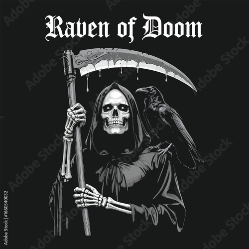 Grim Reaper skeleton figure with scythe and raven on black background death
