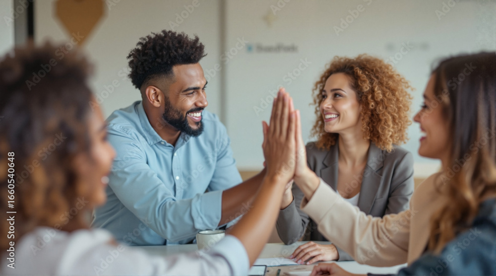 Fototapeta premium Business team celebrating success with high five