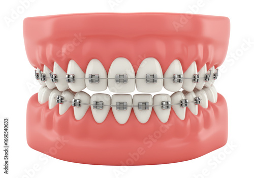 Isolated 3D Render of Human Jaws with Dental Braces for Orthodontics