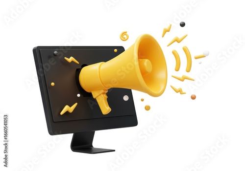 Isolated 3D Render of a Computer Monitor with a Megaphone and Lightning Bolts