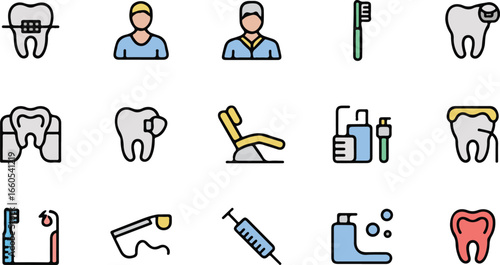 Dental and Oral Health Flat Line Icon Set