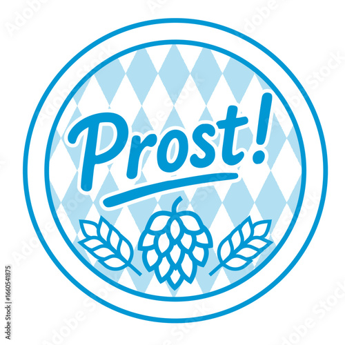 Blue and white Oktoberfest badge with hop cone wheat and text prost on Bavarian diamond background in festive round design