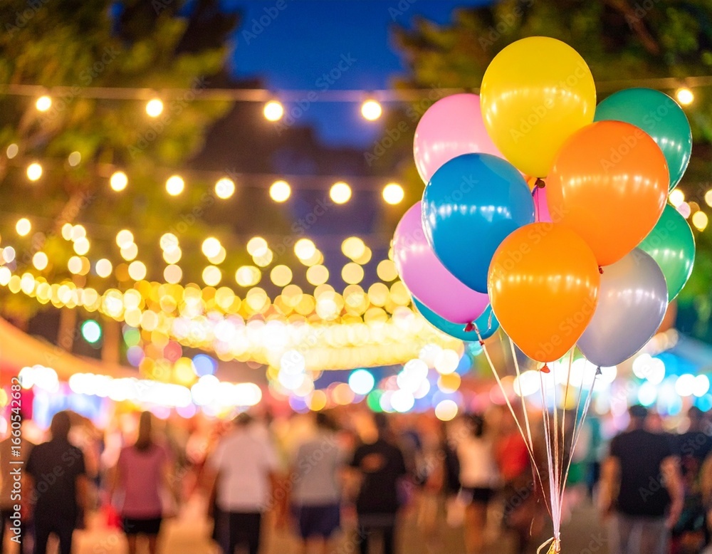 Globos vibrantes en un parque de feria nocturno