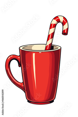 A red mug with a candy cane straw, highlighted on a transparent background