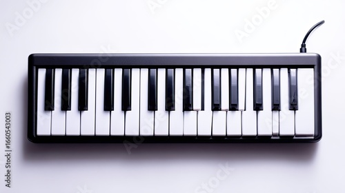 Overhead View Of A Mini Keyboard On A White Background A Compact Electronic Musical Instrument For Music Production And Composition