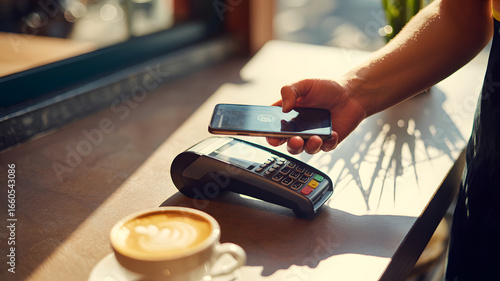 Person using smartphone to pay at pos terminal with coffee cup on the counter in a cafe setting