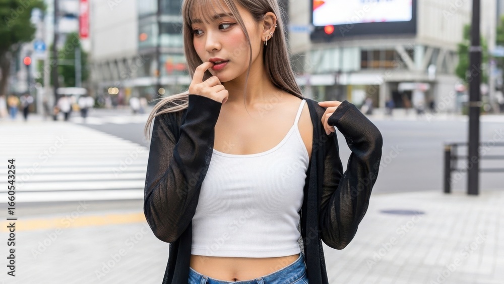 Fototapeta premium 都会の交差点で指を口元にあて、物思いにふける若い女性