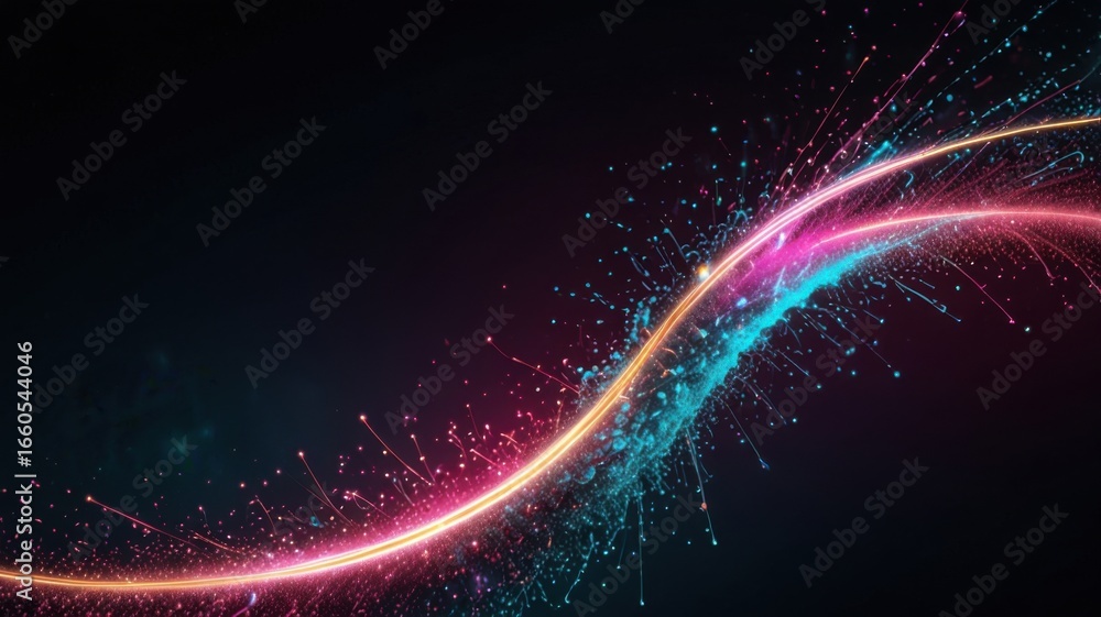 Obraz premium Radiant Pink and Blue Sparking Particle Scattering Wave Against Black Background