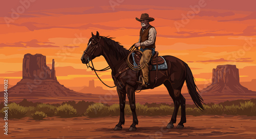 Cowboy on Horseback in the Desert Landscape at Sunset.