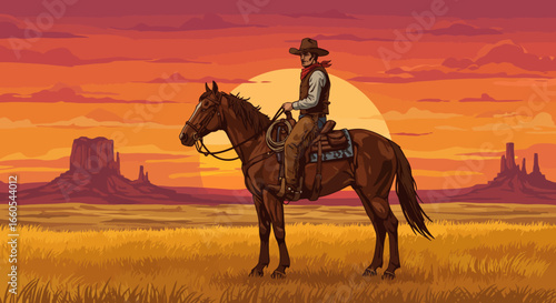 Cowboy Riding Horse at Sunset in the American West.