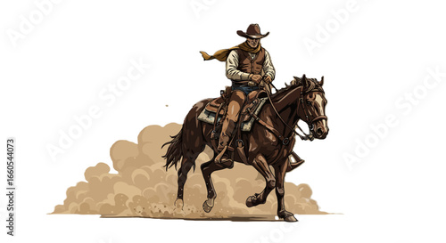Cowboy Riding a Brown Horse Through Dust Cloud.
