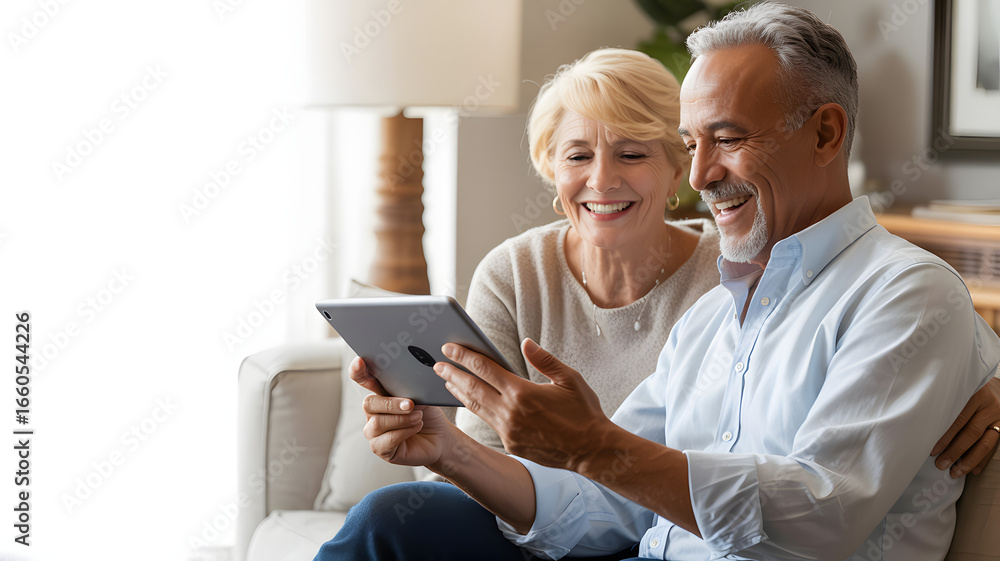Obraz premium A smiling senior couple looking at a tablet together in a bright and cozy living room setting indoors