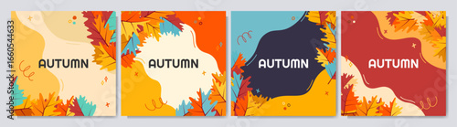 Vector illustration. Autumn banner template. Hand drawn maple leaves and lines. Design elements for social media banner, web template, blog post. Foliage season concept with waves and scribbles