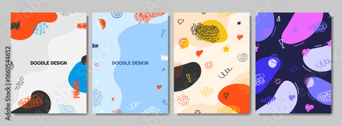 Vector illustration. Colorful childish background. Hand drawing pattern with doodle shapes and lines. Design elements for poster, book or magazine cover, postcard, flyer. Trendy abstract color style