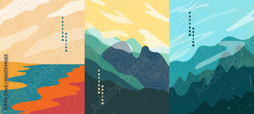 Vector illustration. Abstract landscape nature background. Hand drawn pattern design. Ornamental poster, cover, wall design. Vintage art. 70s, 80s retro graphic. Natural scene with flowing clouds