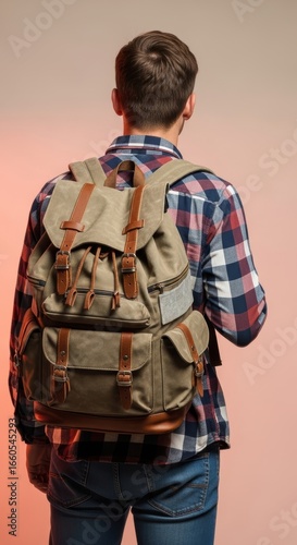 Young caucasian male with backpack in plaid shirt facing away